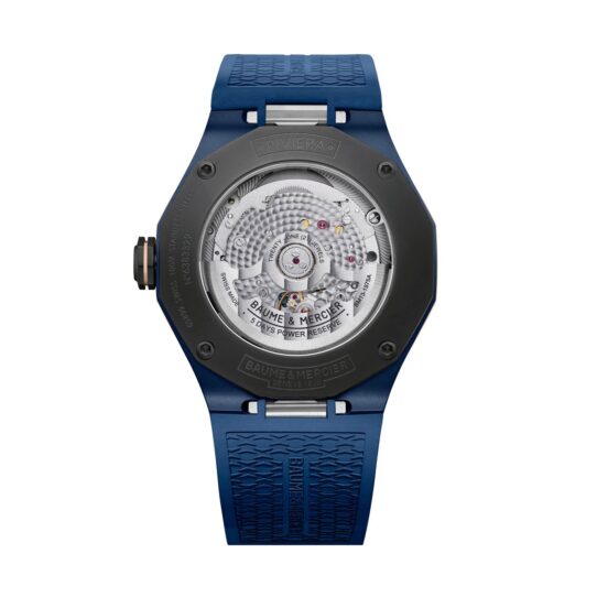 baume-et-mercier-riviera-steel-titanium-automatic-watch-transparent-blue-dial-blue-rubber-strap-42-mm